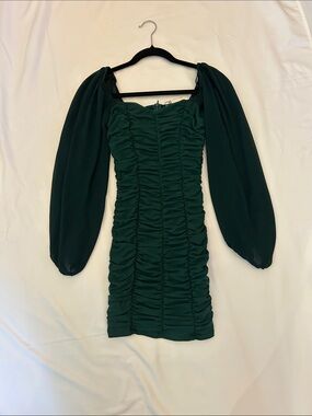 Hello Molly Forest Green/Teal Ruched Puff Sleeve Mini Dress
